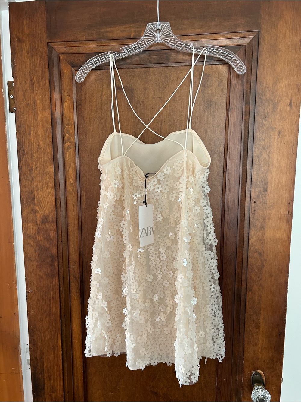 Zara Light Cream Sequin Floral Slip Dress - Picture 2 of 4